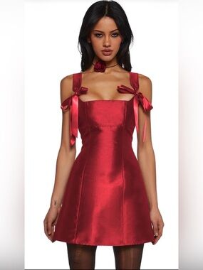 Dolls Kill Red Satin Strapless Bow-Shoulder Mini Dress HOT Brand New